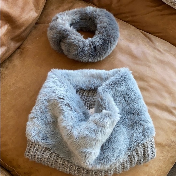 Accessories - Faux fur headband wrap scarf set cable knit gray